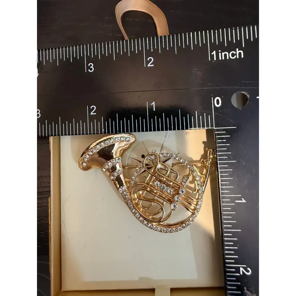 Authentic Napier Rhinestone French Horn Brooch Pin NIB Gold Tone